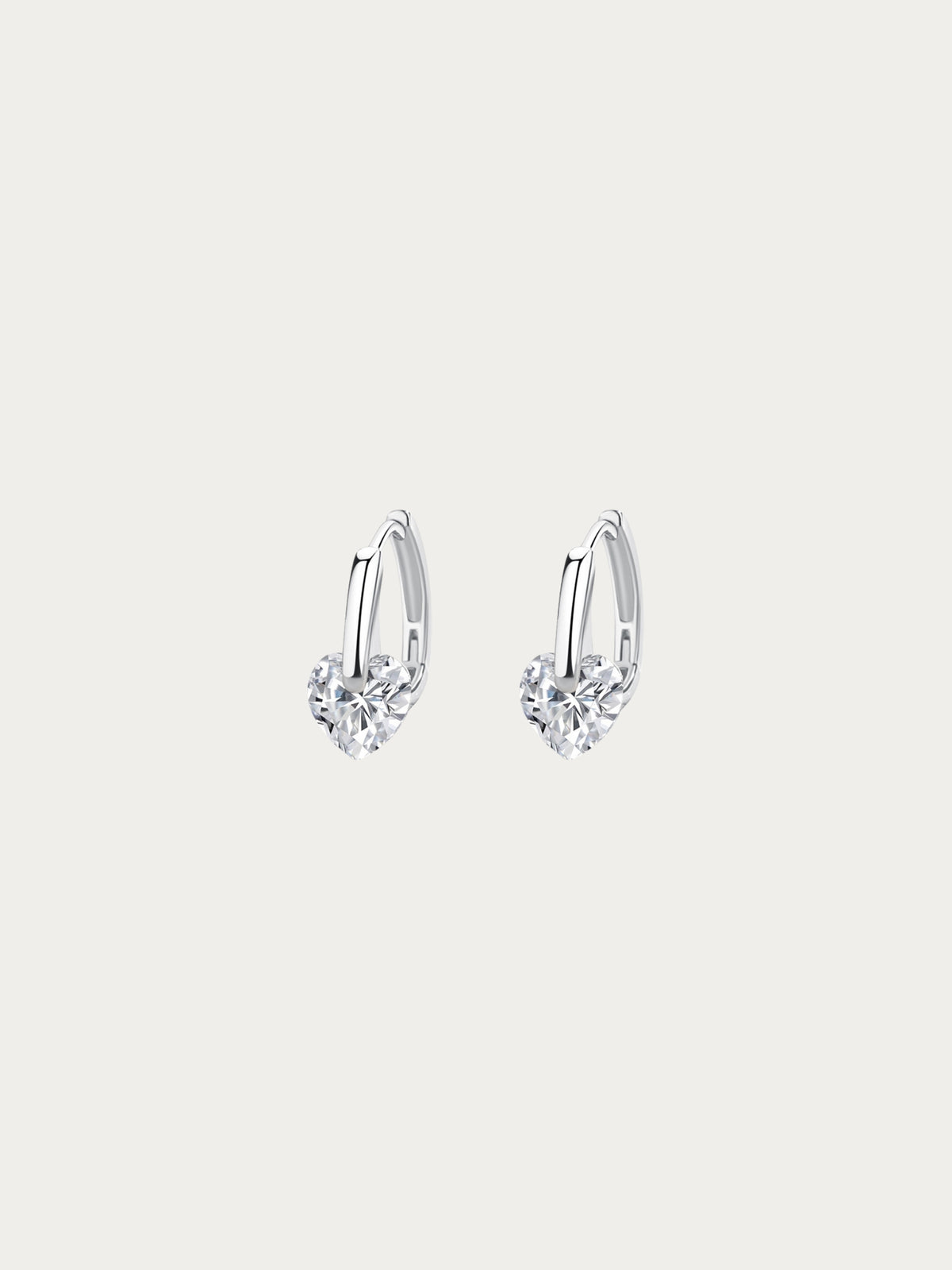 Coco Adore Heart Hoop Earrings with a heart-cut 5A CZ hanging from a rhodium-plated 925 silver huggie, front view