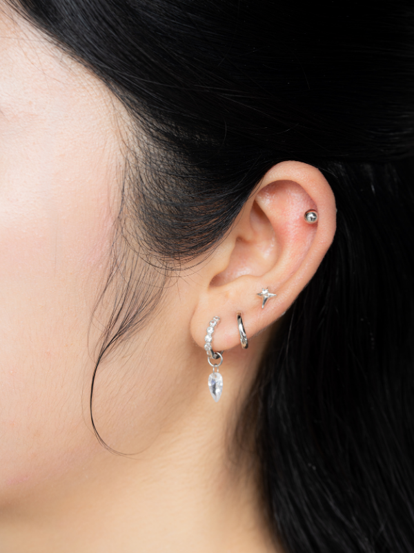 Model wearing MNML Cora Prism Stone Single Hoop Earring — drop hoop ear curation Malaysia