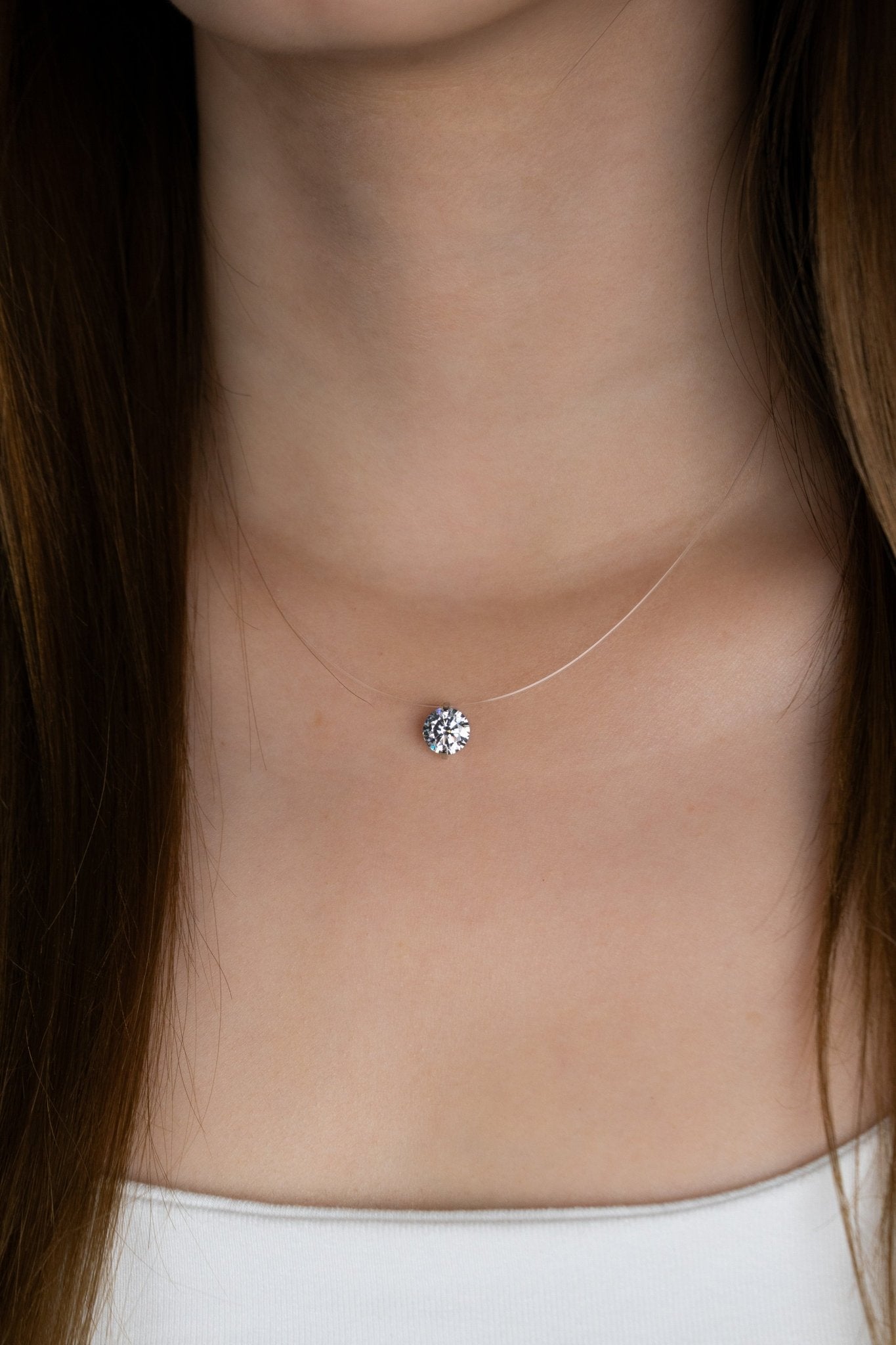 Floating illusion effect on MNML Courtney Solitaire Necklace — 8mm CZ appears suspended on skin