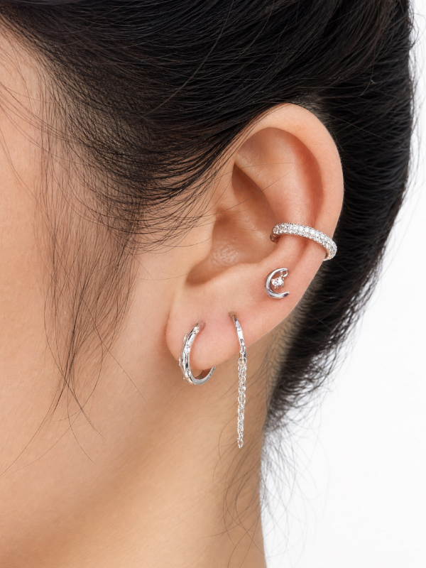 Model wearing MNML Crescent Moon and Star Flatback Stud at upper lobe — moon star stud Malaysia