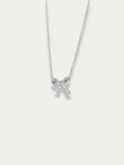 MNML Delicacy Bow Pendant Necklace in titanium silver — front view, bow necklace Malaysia