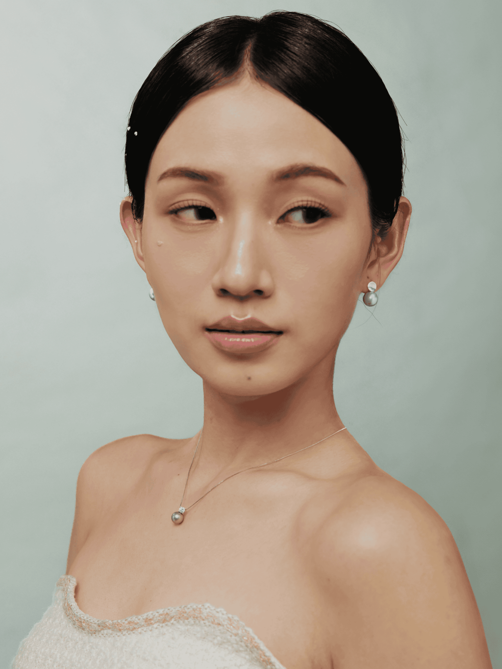 Diana Grey Pearl Necklace worn on the neck