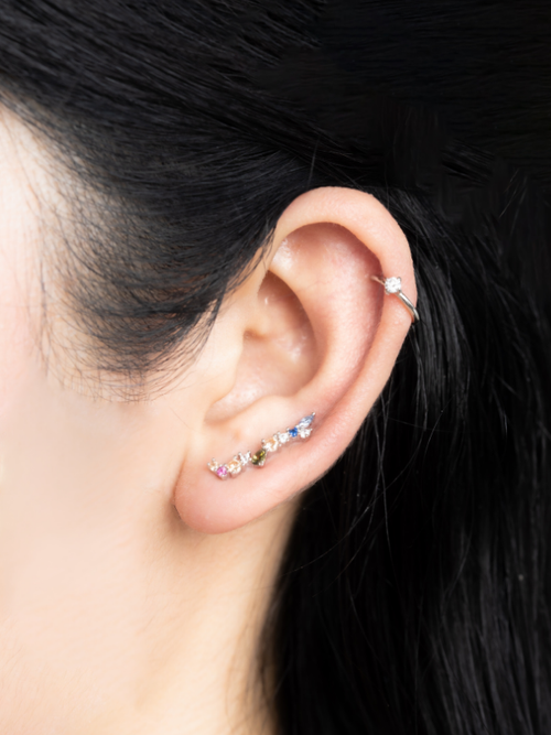 Model wearing MNML Elara Seamless Crystal Hoop at cartilage — lightweight seamless hoop Malaysia