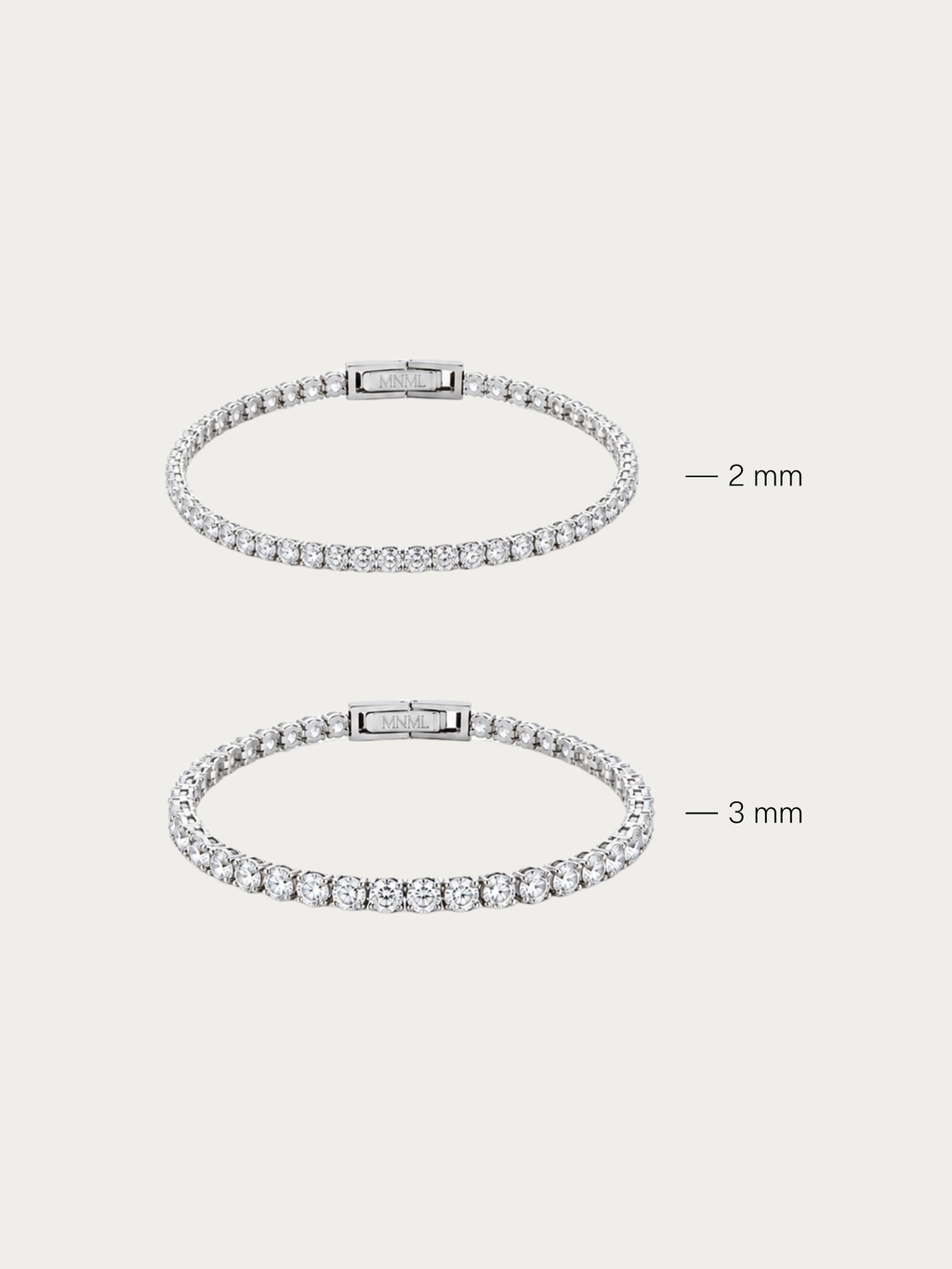 MNML Elements Classic Tennis Bracelet shown across available size