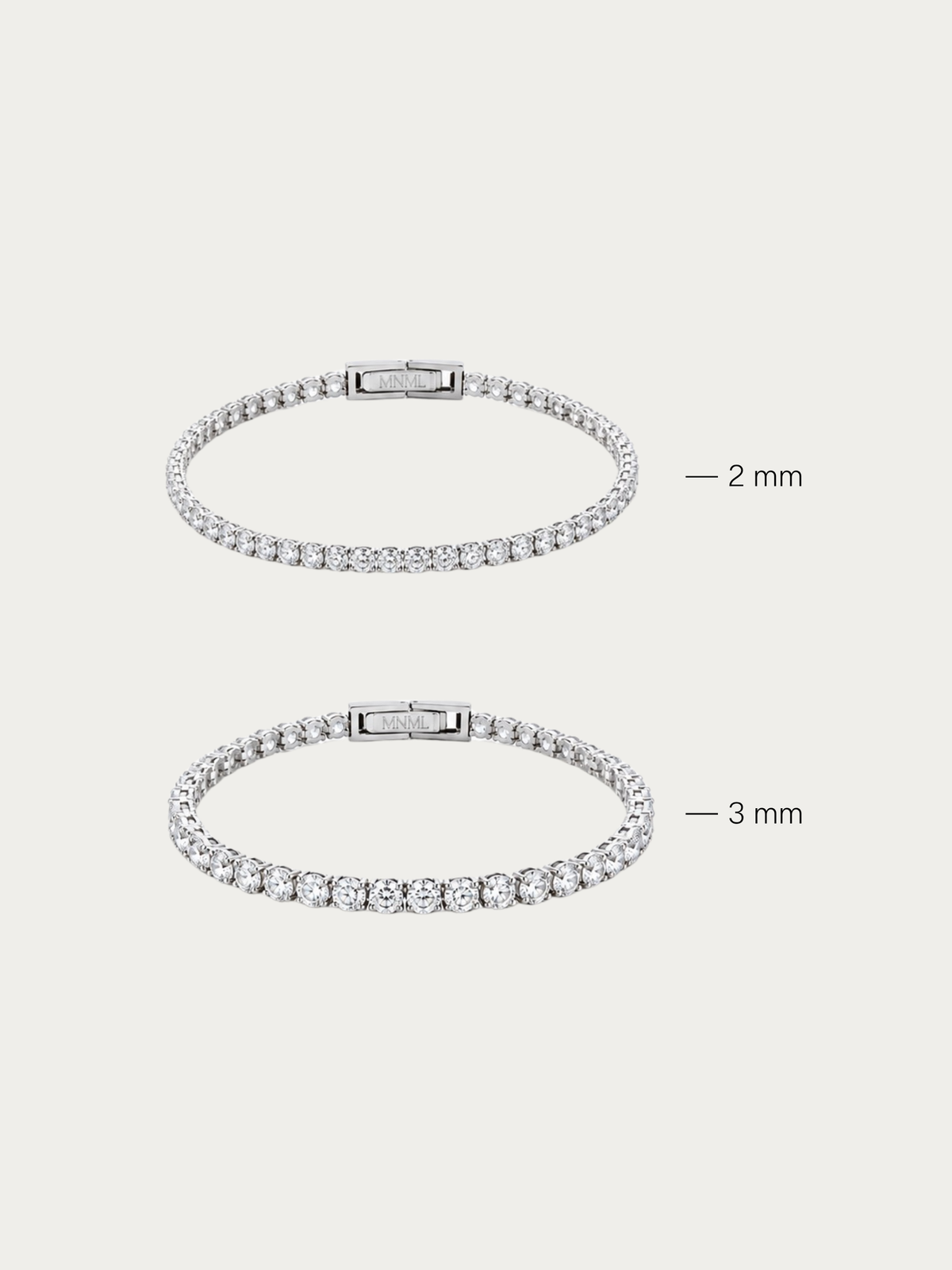 MNML Elements Classic Tennis Bracelet shown across available size