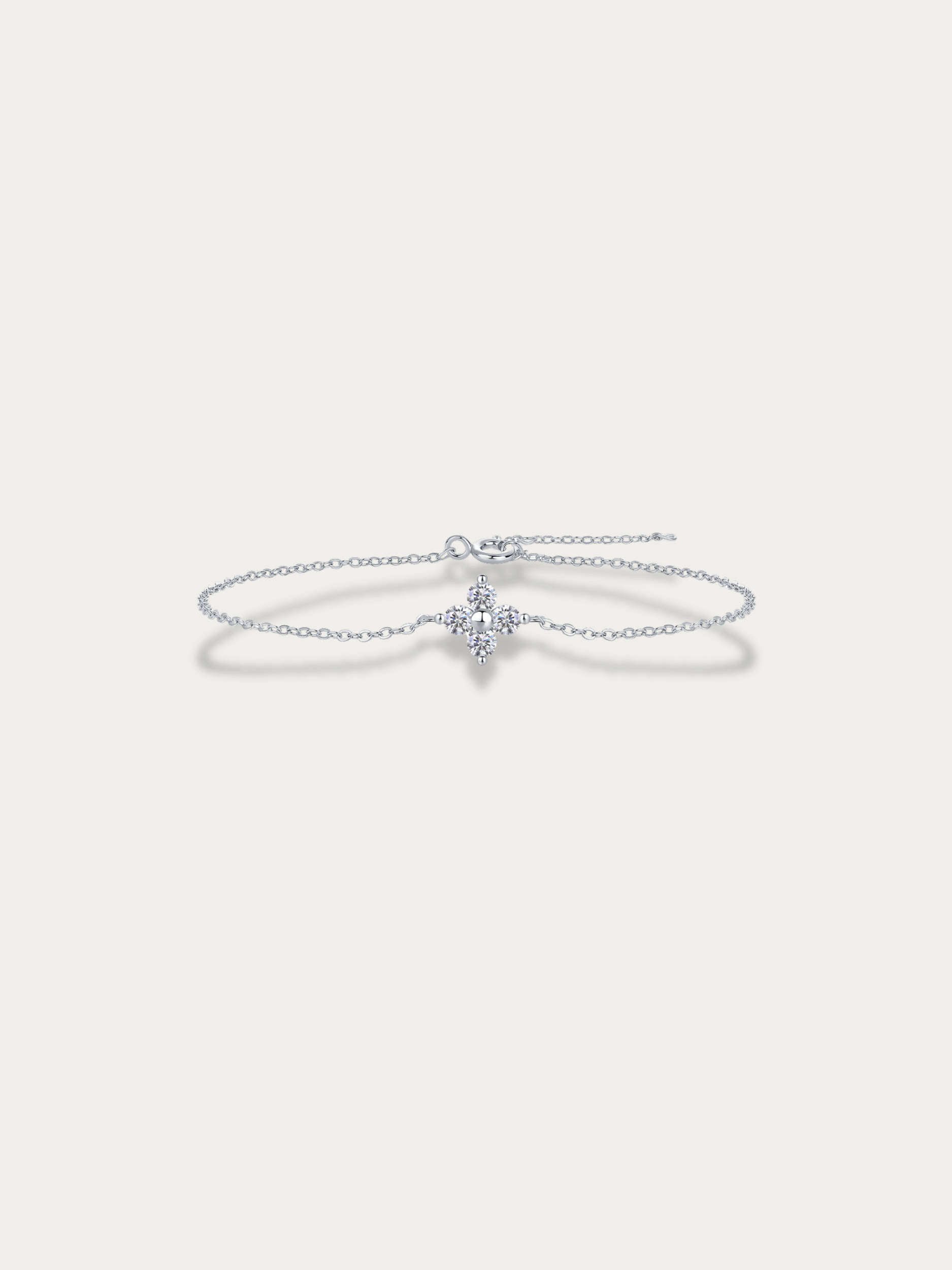 MNML Elena Petite Clover Moissanite Bracelet in 925 silver rhodium — front view, moissanite bracelet Malaysia