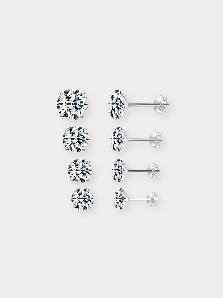 MNML Ella Diamond Ear Studs in all four sizes flat lay — 4mm 5mm 6mm 7mm 925 silver CZ