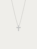 Elowen Pavé Cross Necklace with a small cross fully set with CZ in rhodium-plated 925 sterling silver, front view