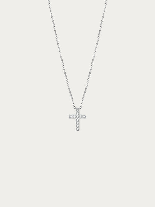 Elowen Pavé Cross Necklace with a small cross fully set with CZ in rhodium-plated 925 sterling silver, front view