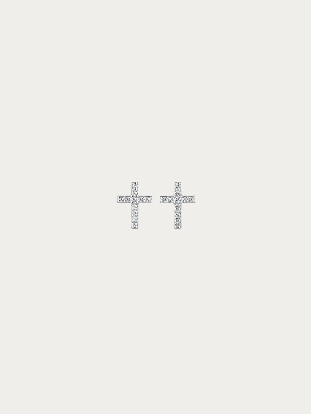Elowen Pavé Cross Stud Earrings with small crosses fully set with CZ in rhodium-plated 925 sterling silver, front view