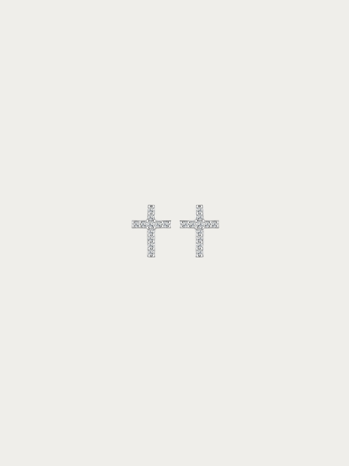 Elowen Pavé Cross Stud Earrings with small crosses fully set with CZ in rhodium-plated 925 sterling silver, front view
