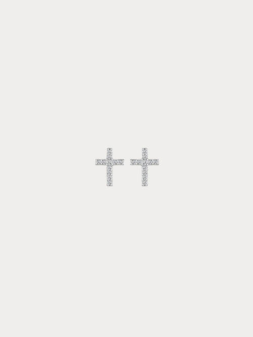 Elowen Pavé Cross Stud Earrings with small crosses fully set with CZ in rhodium-plated 925 sterling silver, front view