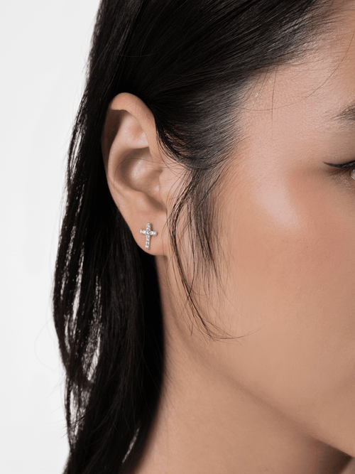 Close-up of the pavé cubic zirconia covering the Elowen cross stud