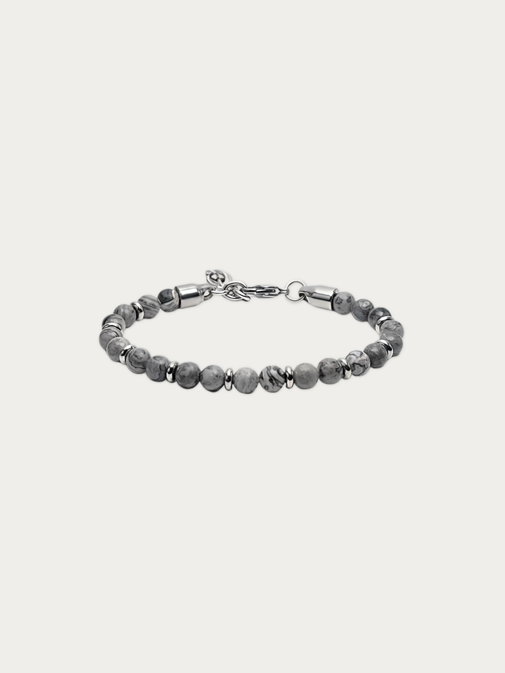 Ezra earth stone bracelet with grey map stone beads, polished steel spacers and a lobster clasp, front view