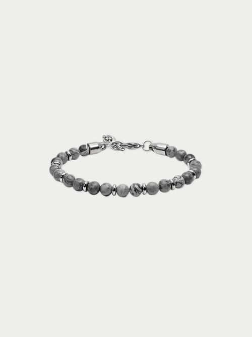 Ezra earth stone bracelet with grey map stone beads, polished steel spacers and a lobster clasp, front view