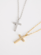 MNML Faith Cross Pendant Necklace in silver and gold flat lay — titanium CZ cross jewelry Malaysia
