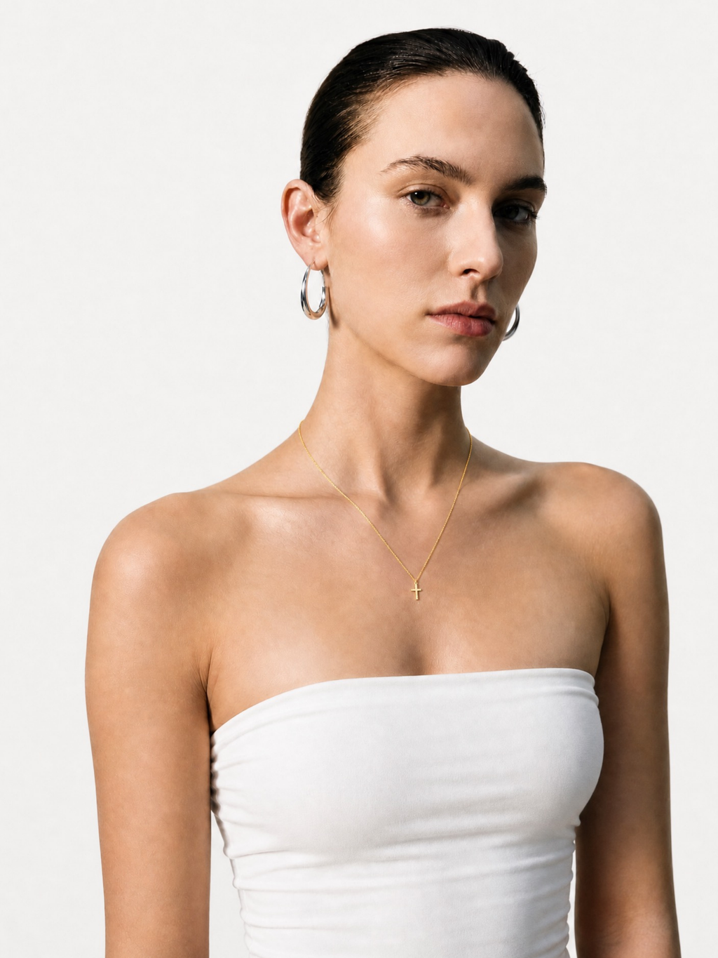 Model wearing MNML Faith Cross Pendant Necklace at collarbone — meaningful cross necklace Malaysia