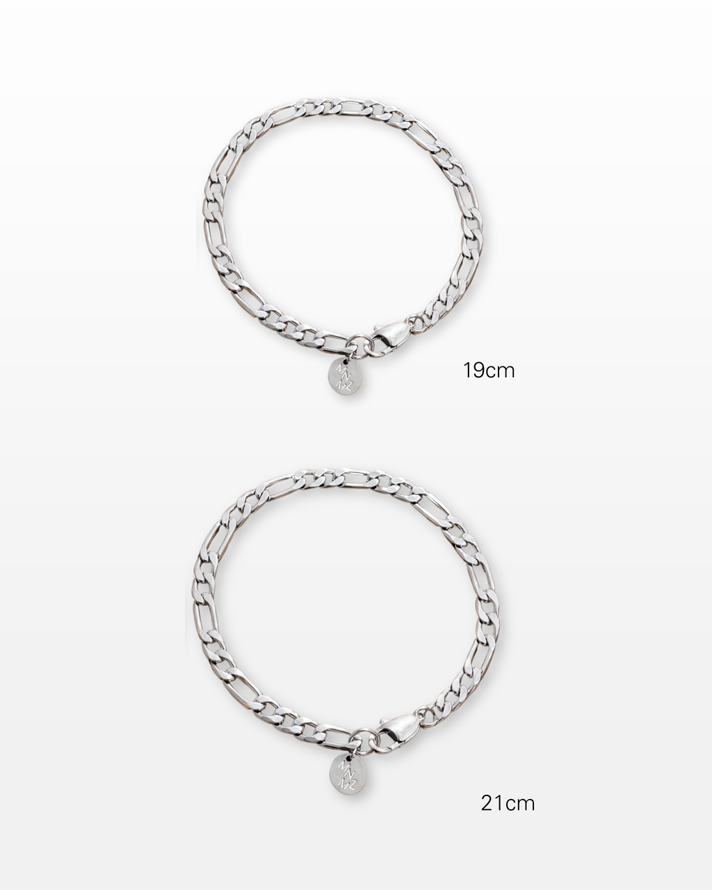 MNML Farell Figaro Chain Bracelet 19cm vs 21cm comparison — two size options stainless steel