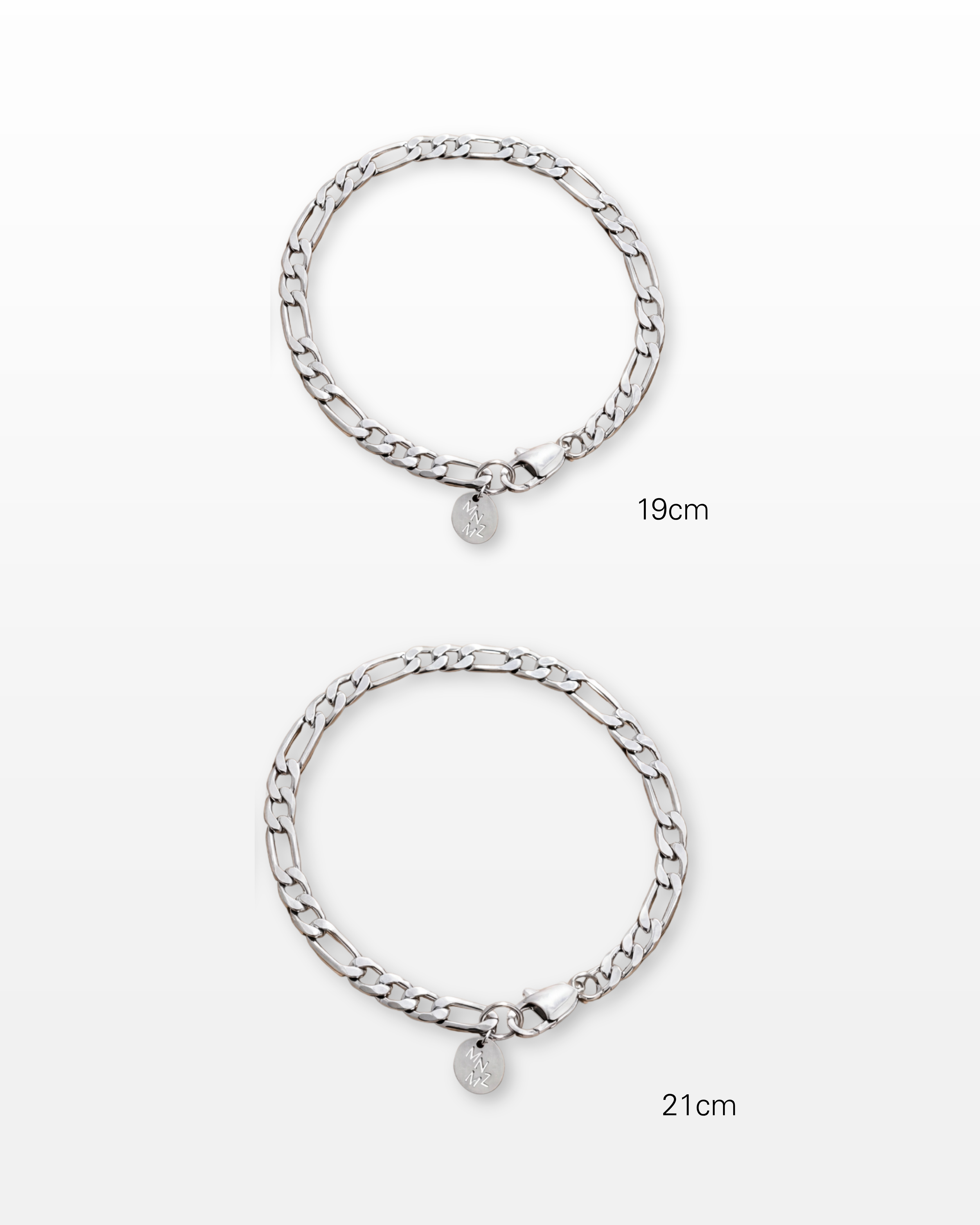 MNML Farell Figaro Chain Bracelet 19cm vs 21cm comparison — two size options stainless steel
