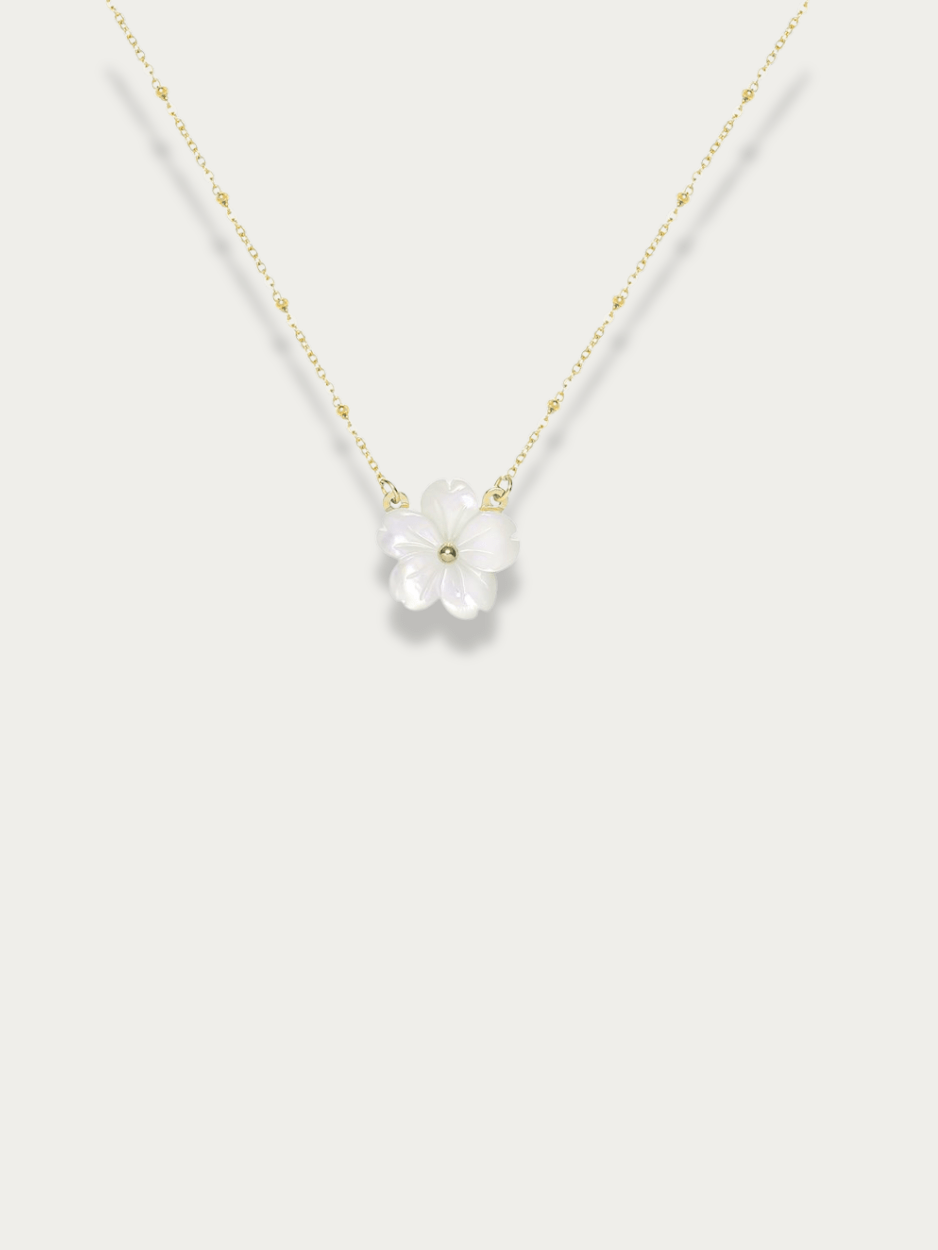 MNML Fleur Blanche Necklace in titanium gold with mother-of-pearl flower — front view, flower necklace Malaysia