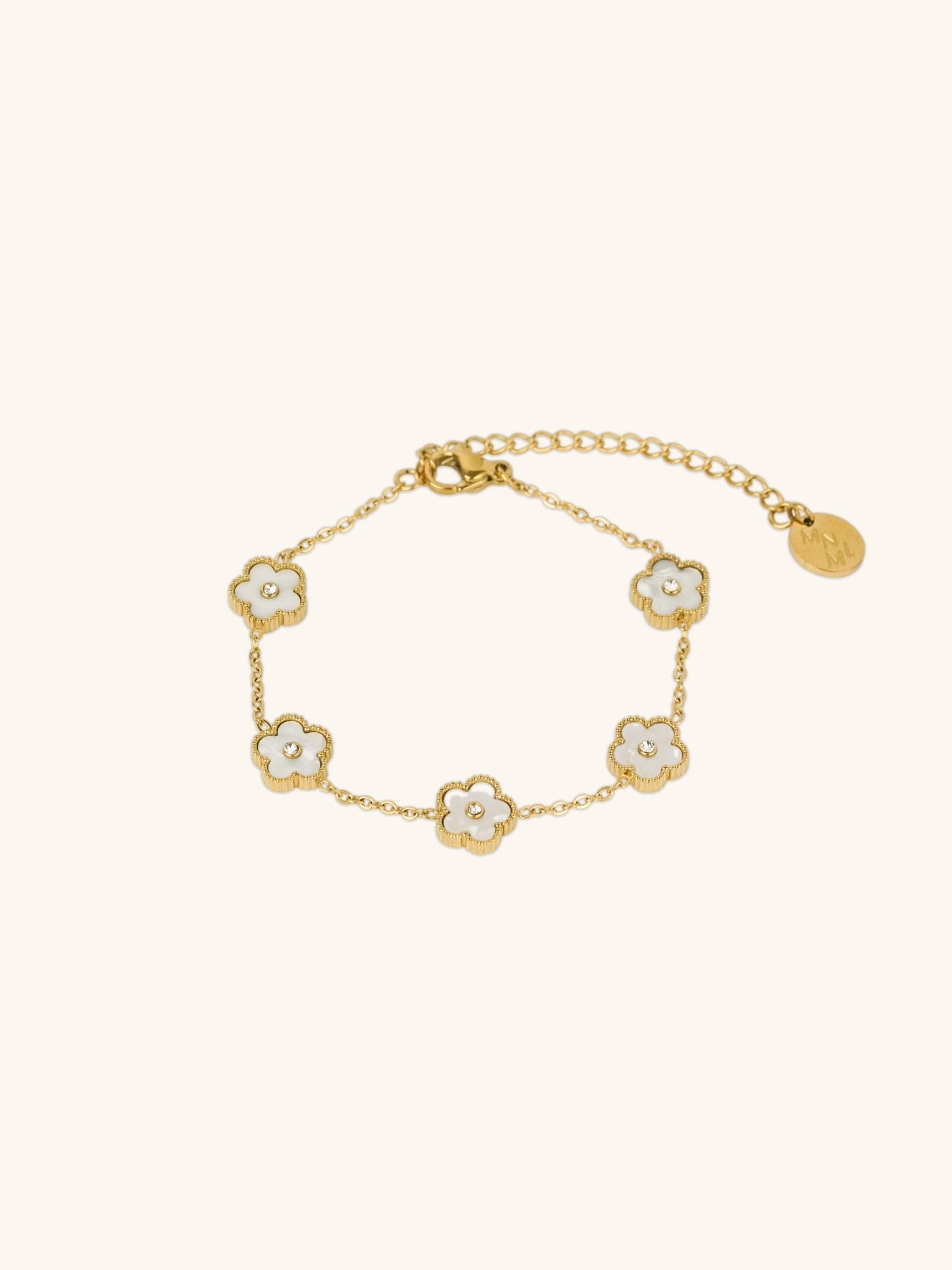 MNML Floral Clovers Bracelet in gold stainless steel mother of pearl — gold clover charm bracelet Malaysia