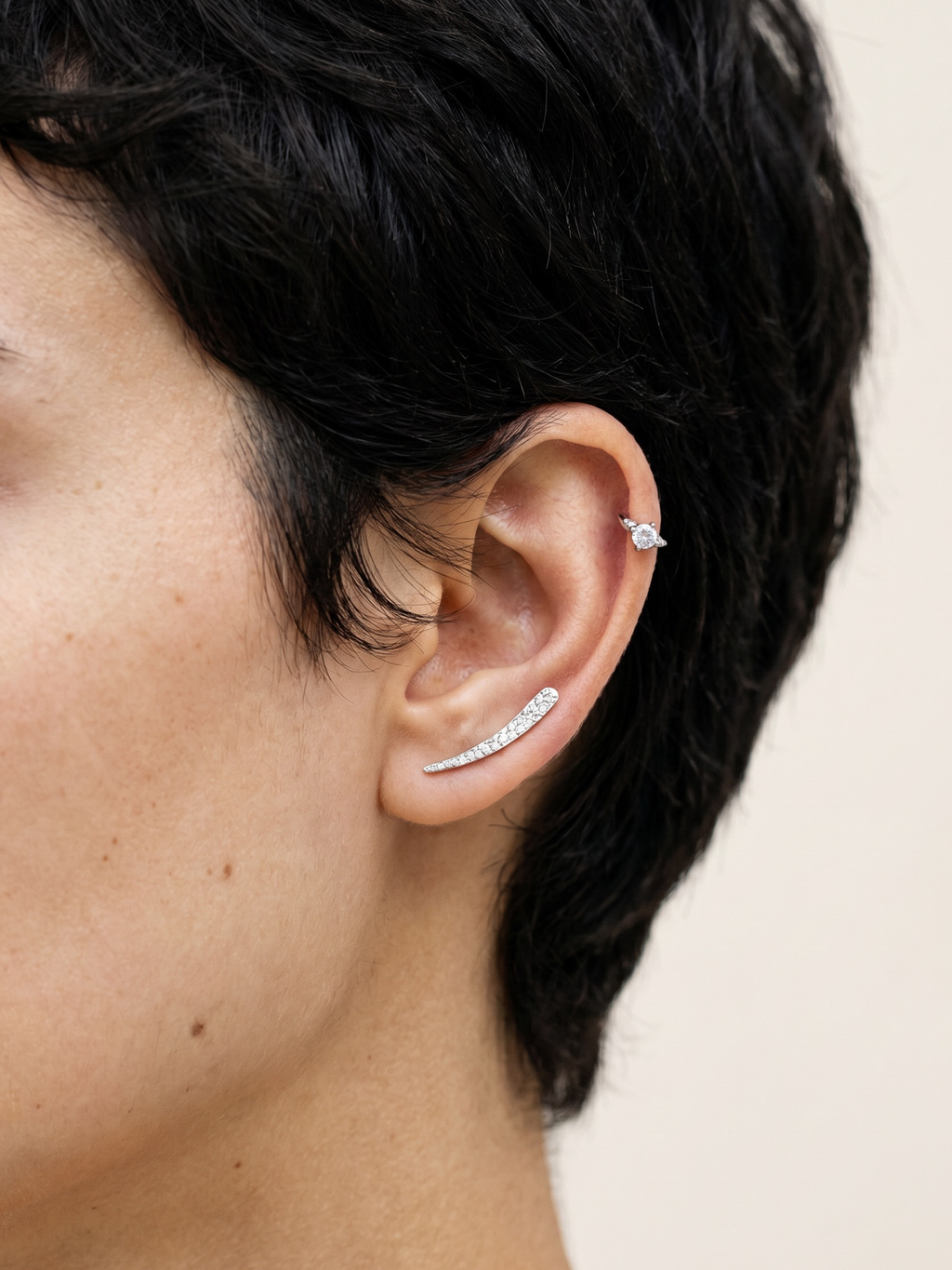 Model wearing MNML Flow Threader at lobe — ear climber earring Malaysia