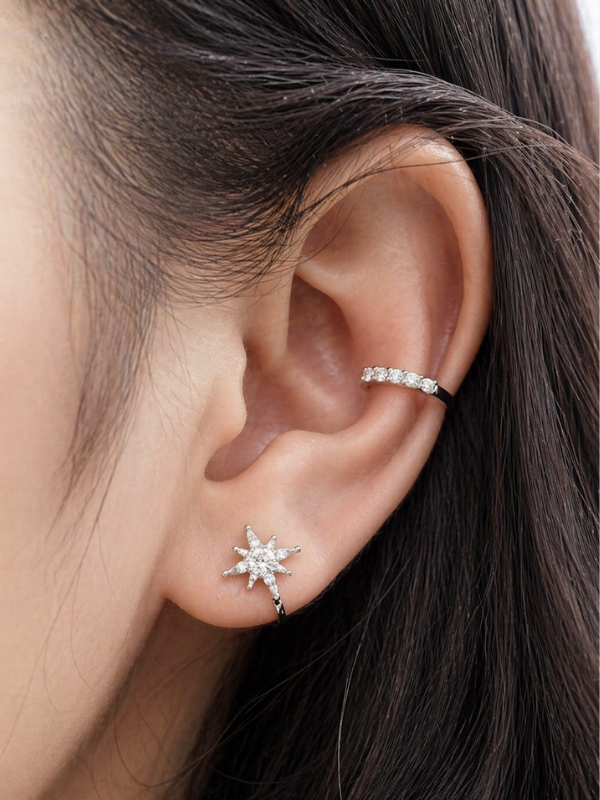 Model wearing MNML Freya Everyday Pavé Ear Cuff with no piercing — comfortable everyday cuff Malaysia
