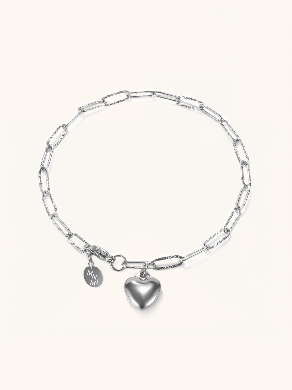 MNML Heart Chain Engravable Bracelet in titanium silver — front view, engravable heart bracelet Malaysia