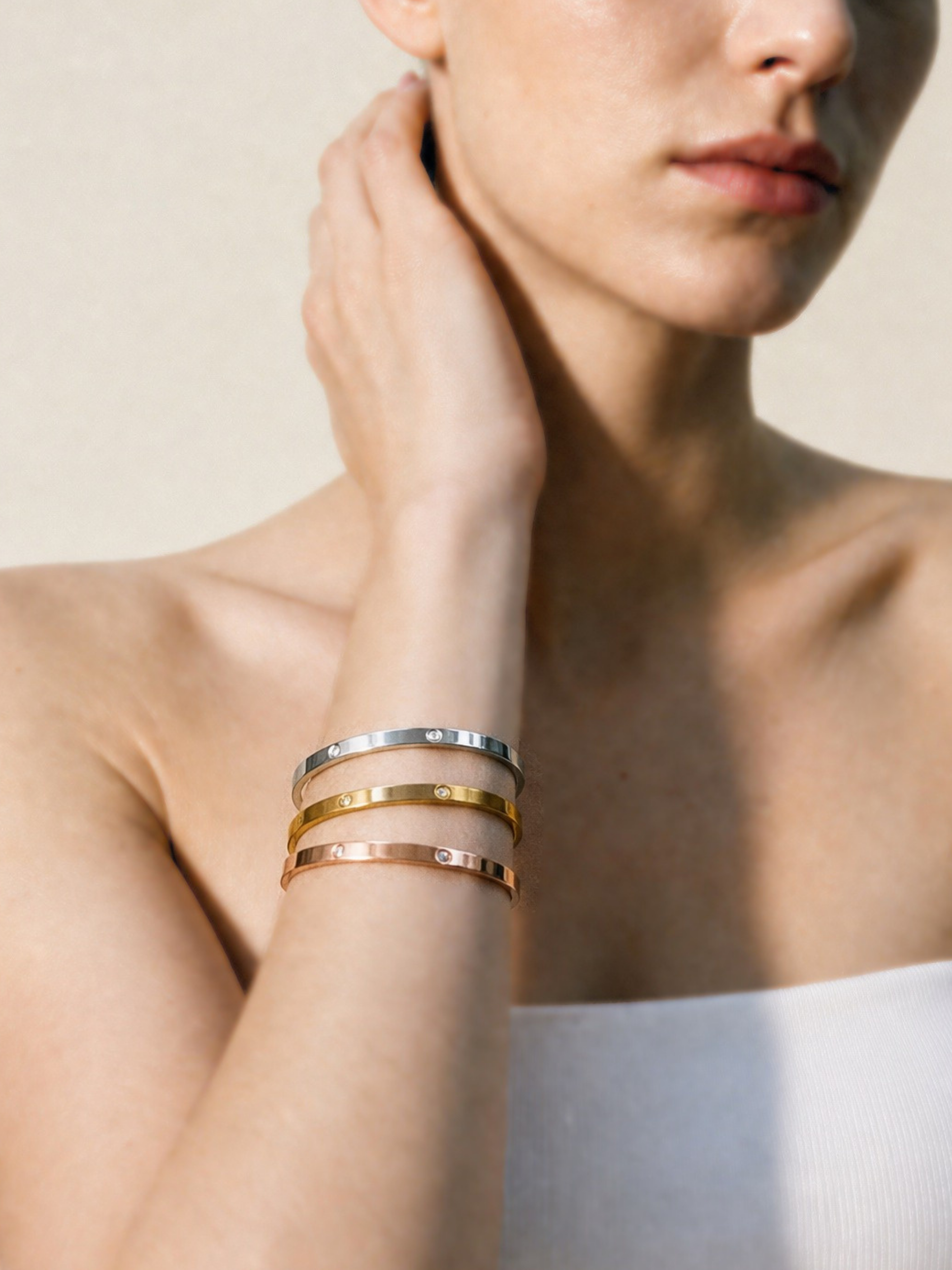 Model wearing MNML Heart Spark Slim Bangle on wrist — everyday heart bangle Malaysia