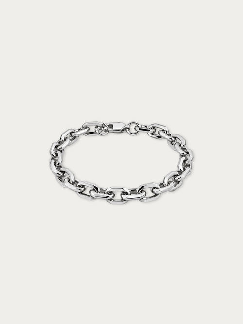 Hex Link Bracelet in silver-tone stainless steel with angular, faceted chain links, front view