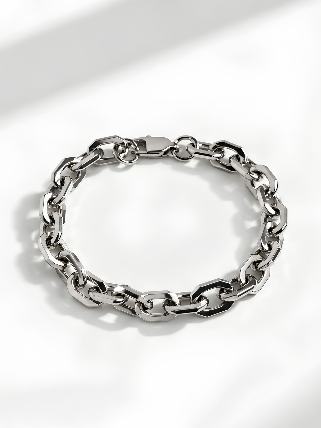 Close-up of the angular, faceted links on the Hex Link Bracelet