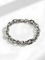Close-up of the angular, faceted links on the Hex Link Bracelet