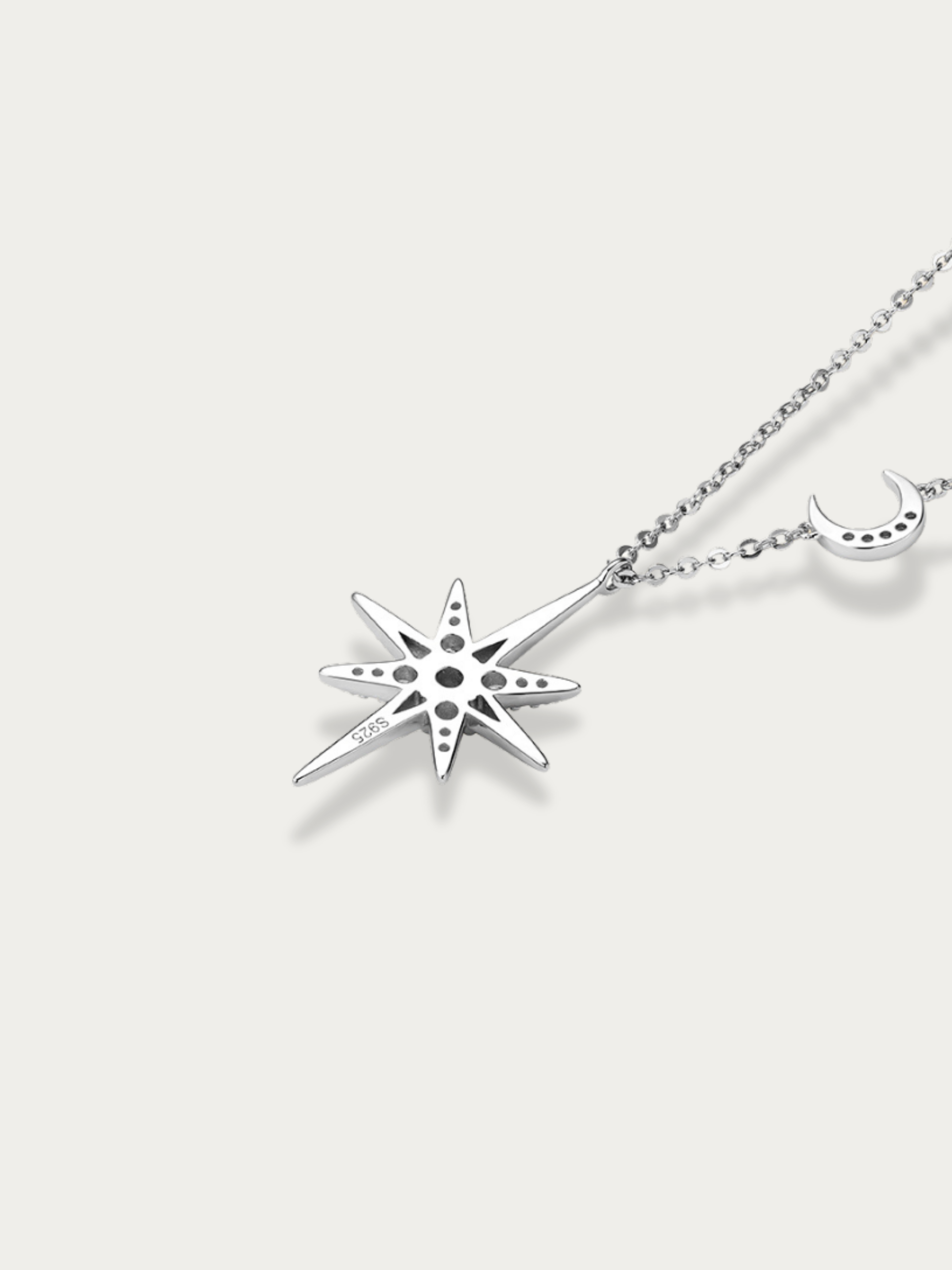 S925 charm tag and clasp detail on Liora necklace back view 