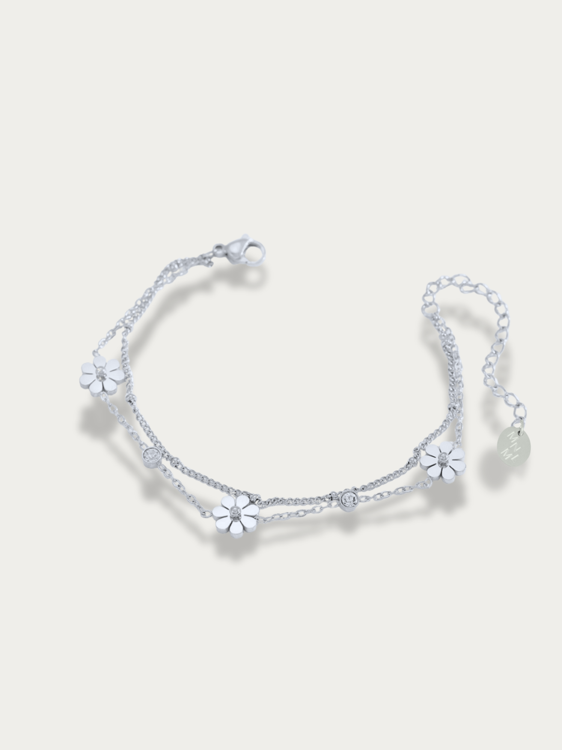 MNML Lola Daisy CZ Layered Bracelet in titanium silver — front view, daisy bracelet Malaysia