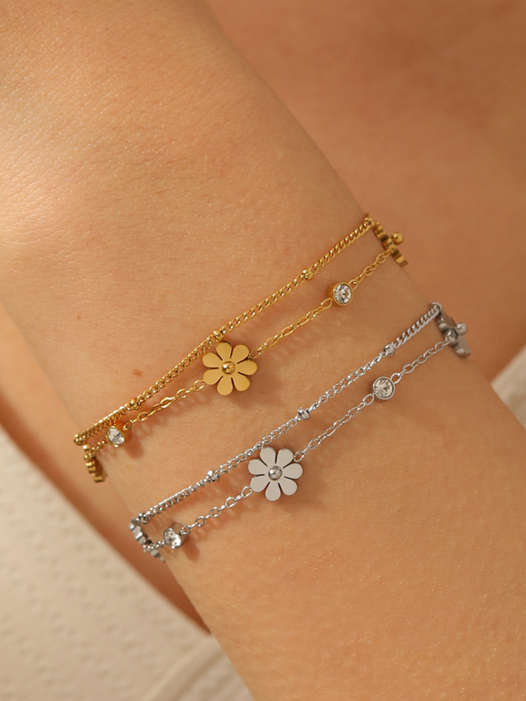 Model wearing MNML Lola Daisy CZ Layered Bracelet on wrist — floral everyday bracelet Malaysia