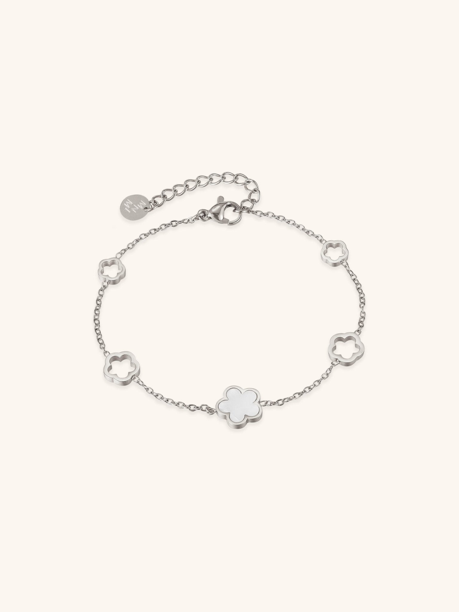 MNML Luna Blossom Radiance Mother of Pearl Bracelet in titanium silver — front view, floral bracelet Malaysia