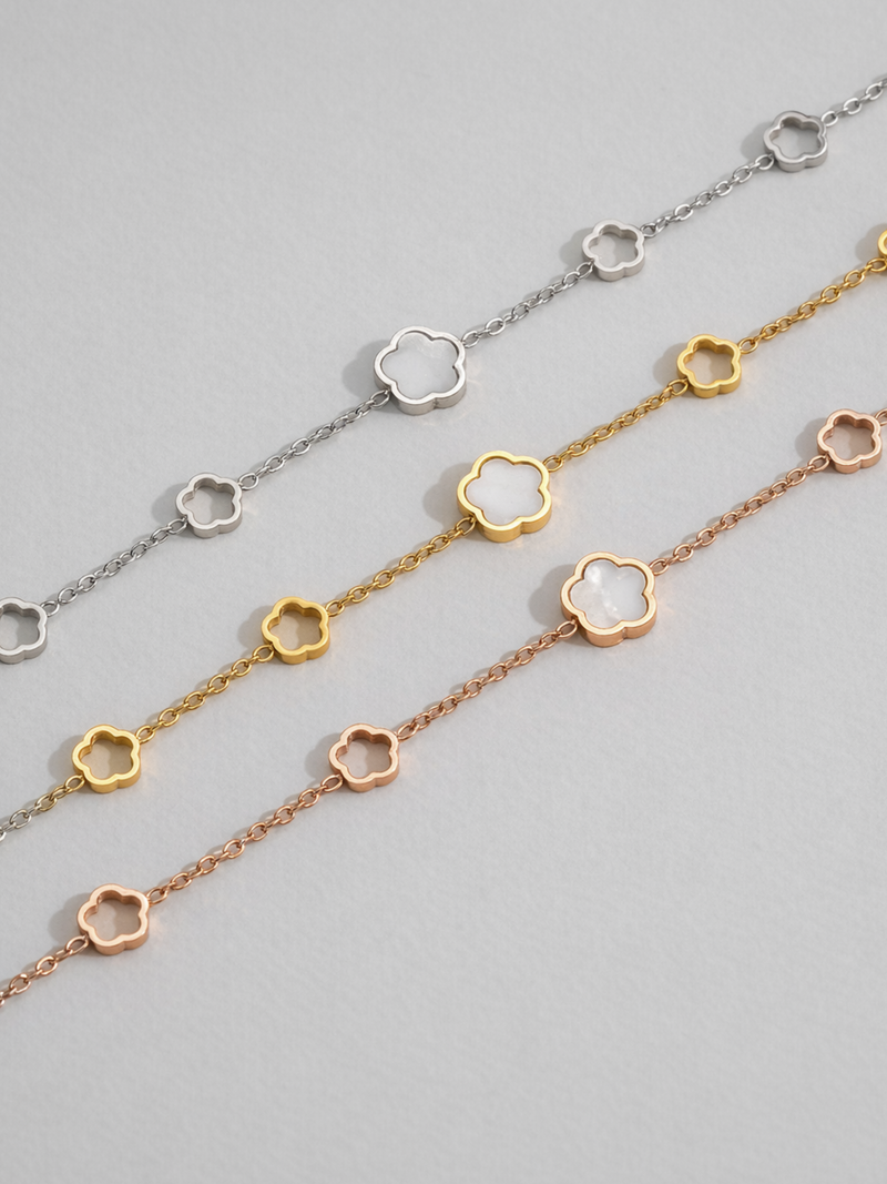 MNML Luna Blossom Radiance Bracelet in silver gold and rose gold flat lay — three colour variants