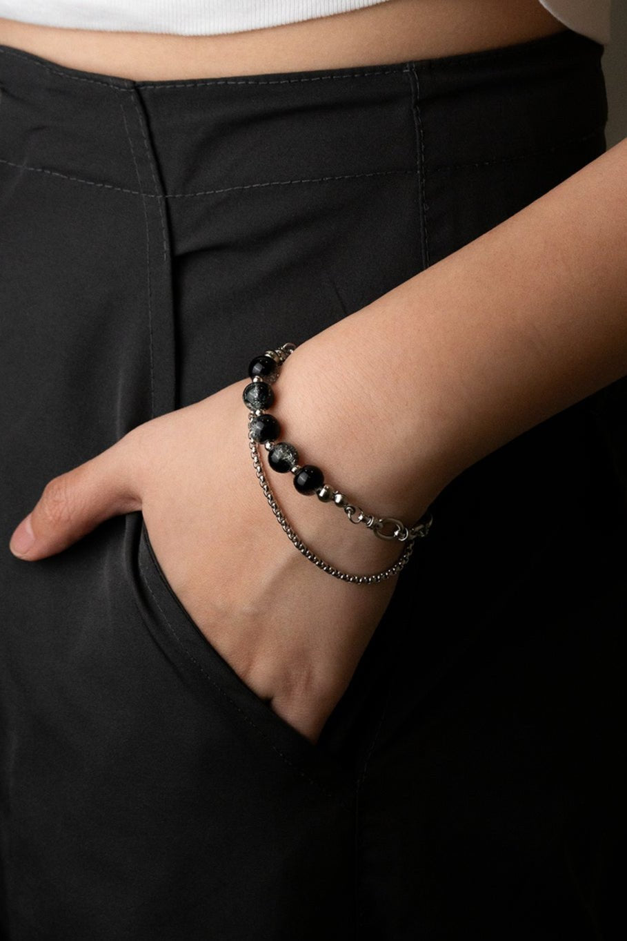 Close-up of dark accent beads on Lunar Chain Fusion Bracelet