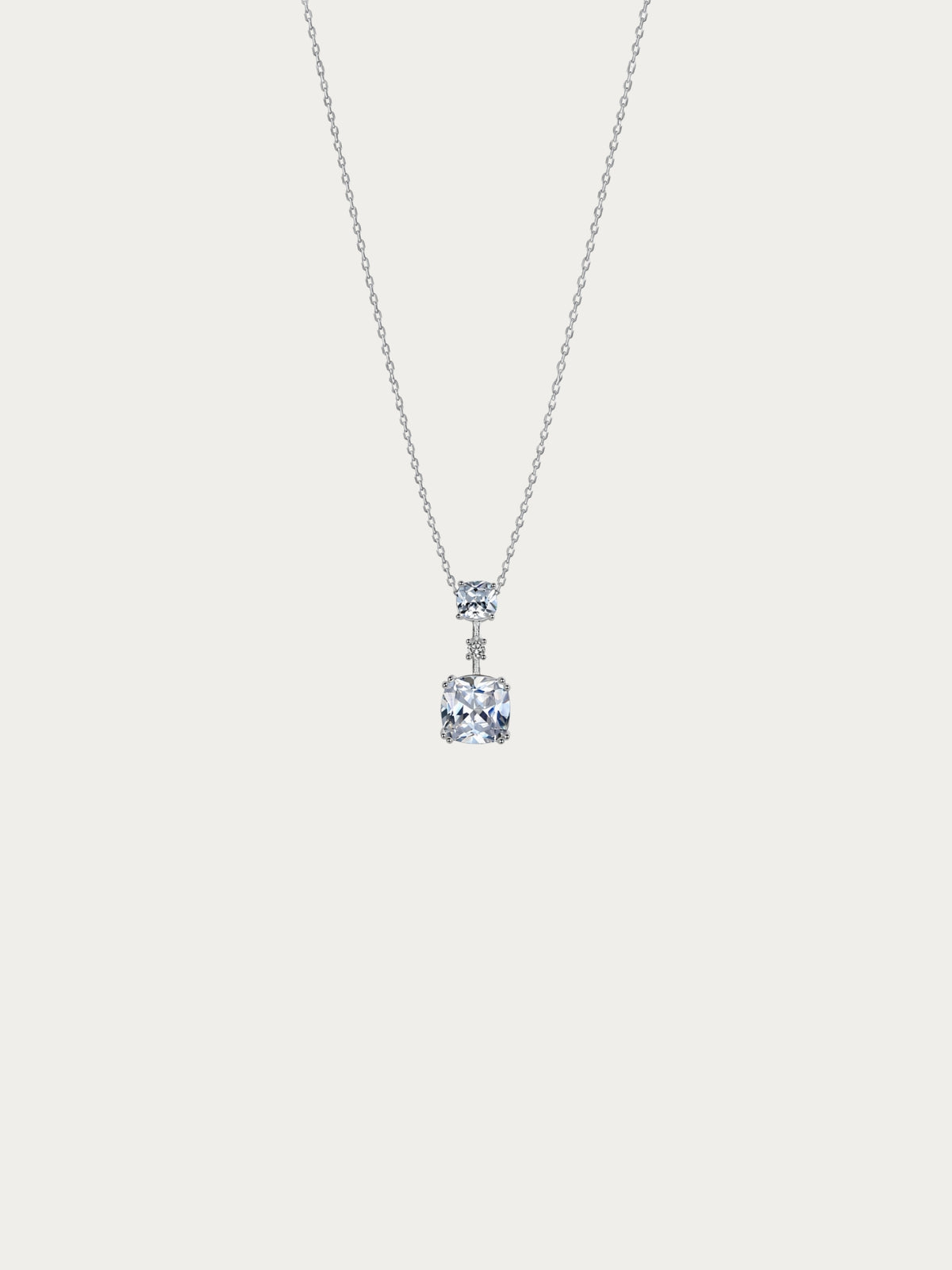 Marie necklace with two cushion-cut cubic zirconia stones joined by a pavé line on 925 sterling silver, front view