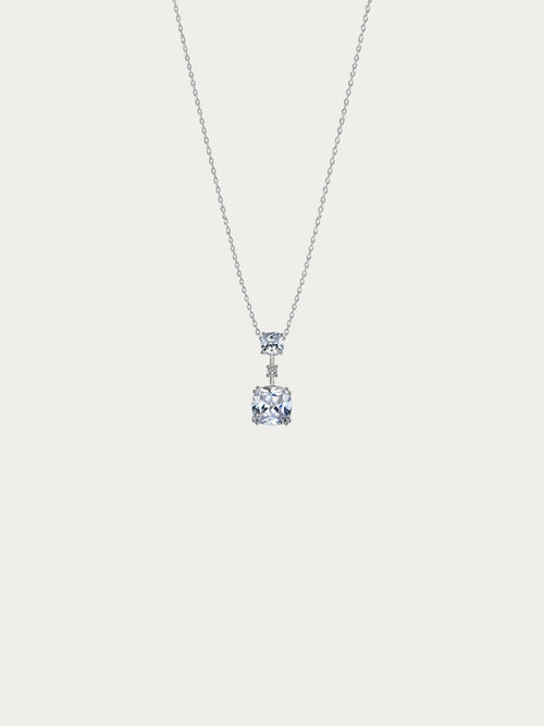 Marie necklace with two cushion-cut cubic zirconia stones joined by a pavé line on 925 sterling silver, front view
