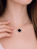 Model wearing MNML Medium Clover Duo Cable Chain Necklace at collarbone — everyday clover necklace Malaysia