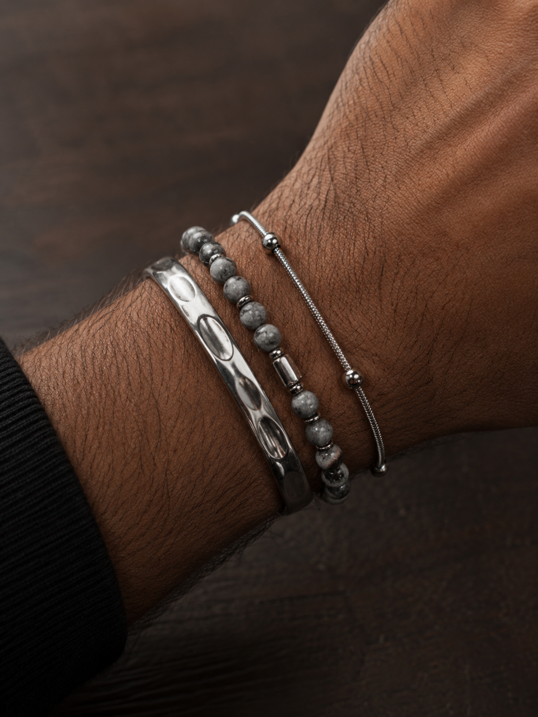Model wearing MNML Minimalist Men's Bold Satellite Bracelet on wrist — men's everyday bracelet Malaysia