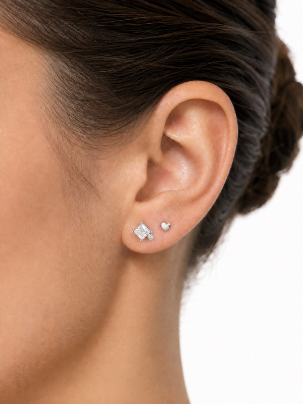 Model wearing MNML Mika Micro Love Barbell Stud at upper lobe — barely-there heart stud Malaysia