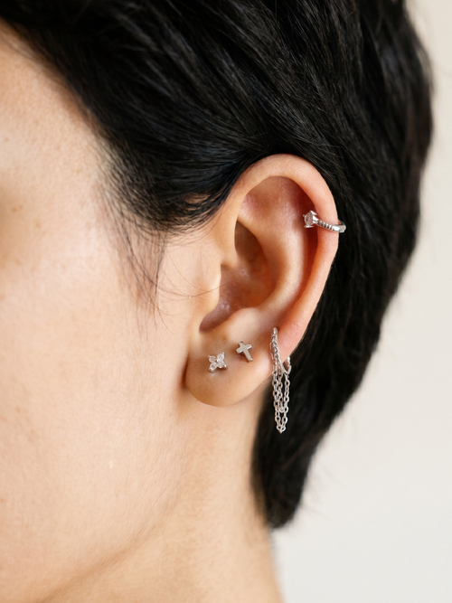 Model wearing MNML Mini Clover Single Barbell Stud at lobe — clover sparkle earring Malaysia