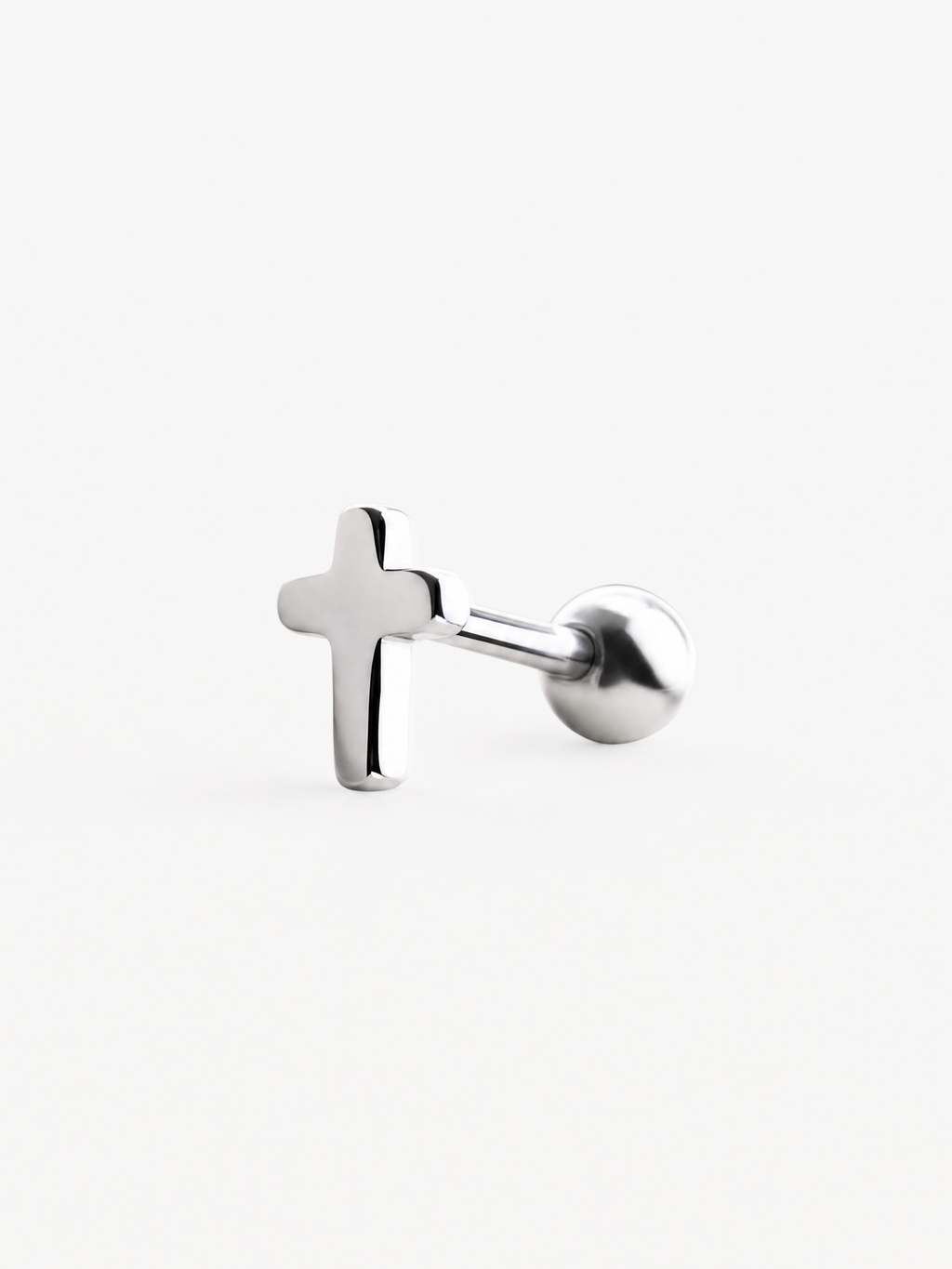 Cross top close-up on MNML Mini Cross Single Barbell Stud — 5×3mm polished cross detail