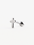 Cross top close-up on MNML Mini Cross Single Barbell Stud — 5×3mm polished cross detail