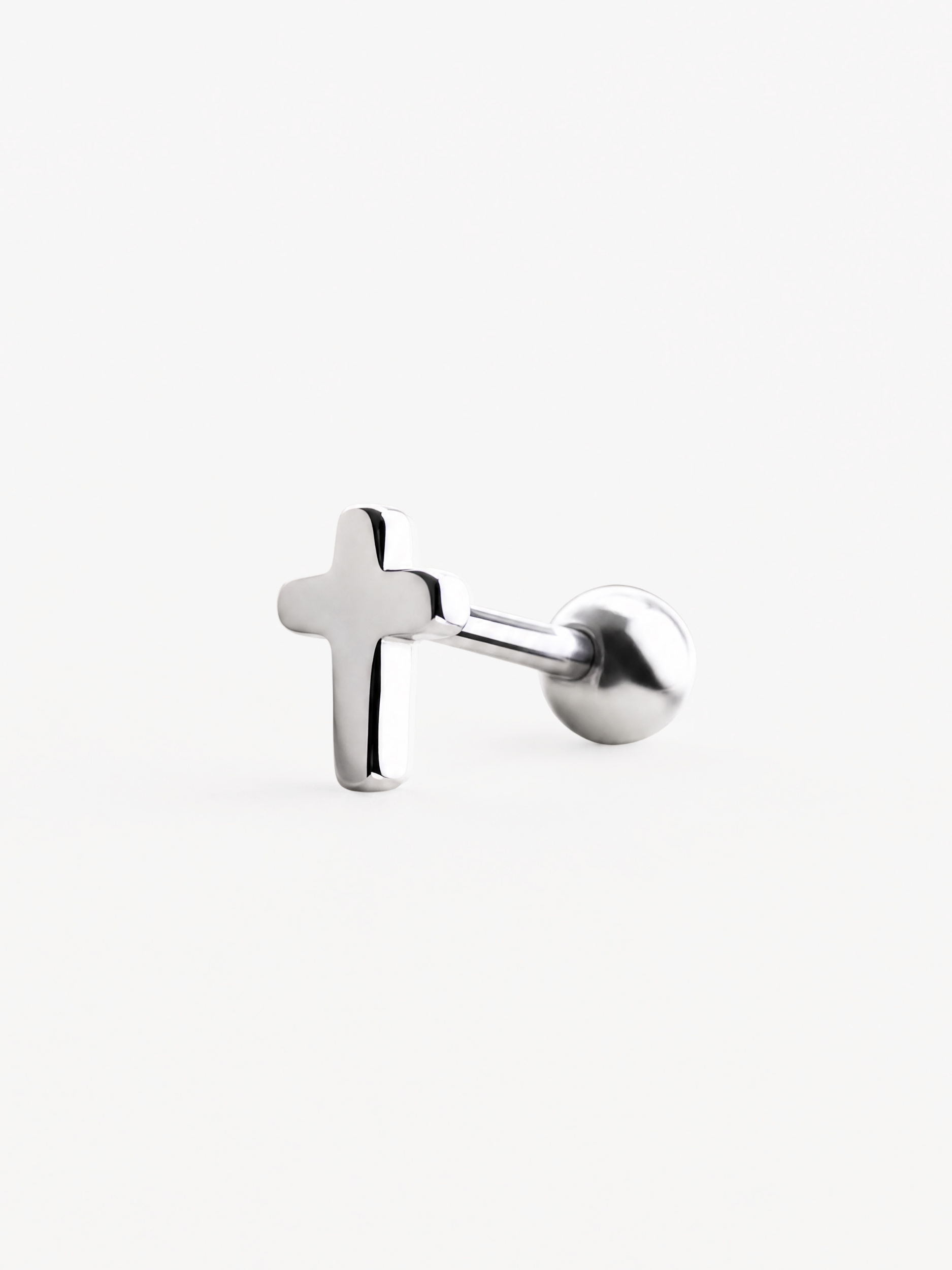 Cross top close-up on MNML Mini Cross Single Barbell Stud — 5×3mm polished cross detail