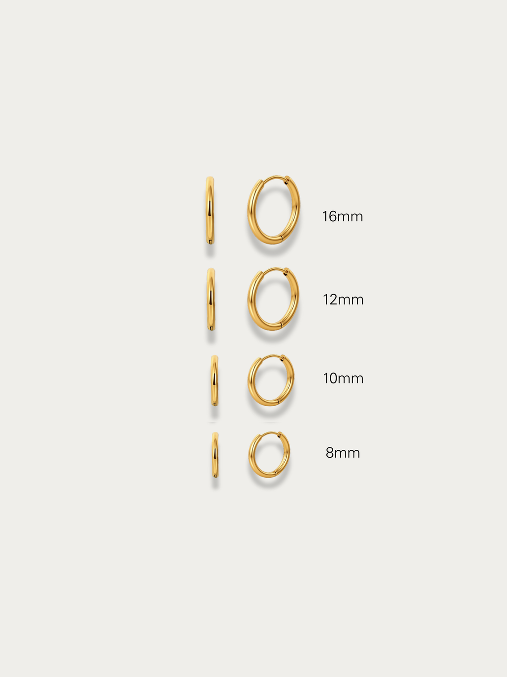 MNML Mini Faris Huggie Hoops size guide — 8mm, 10mm, 12mm and 16mm inner diameter options