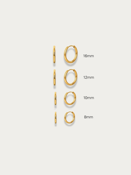MNML Mini Faris Huggie Hoops size guide — 8mm, 10mm, 12mm and 16mm inner diameter options