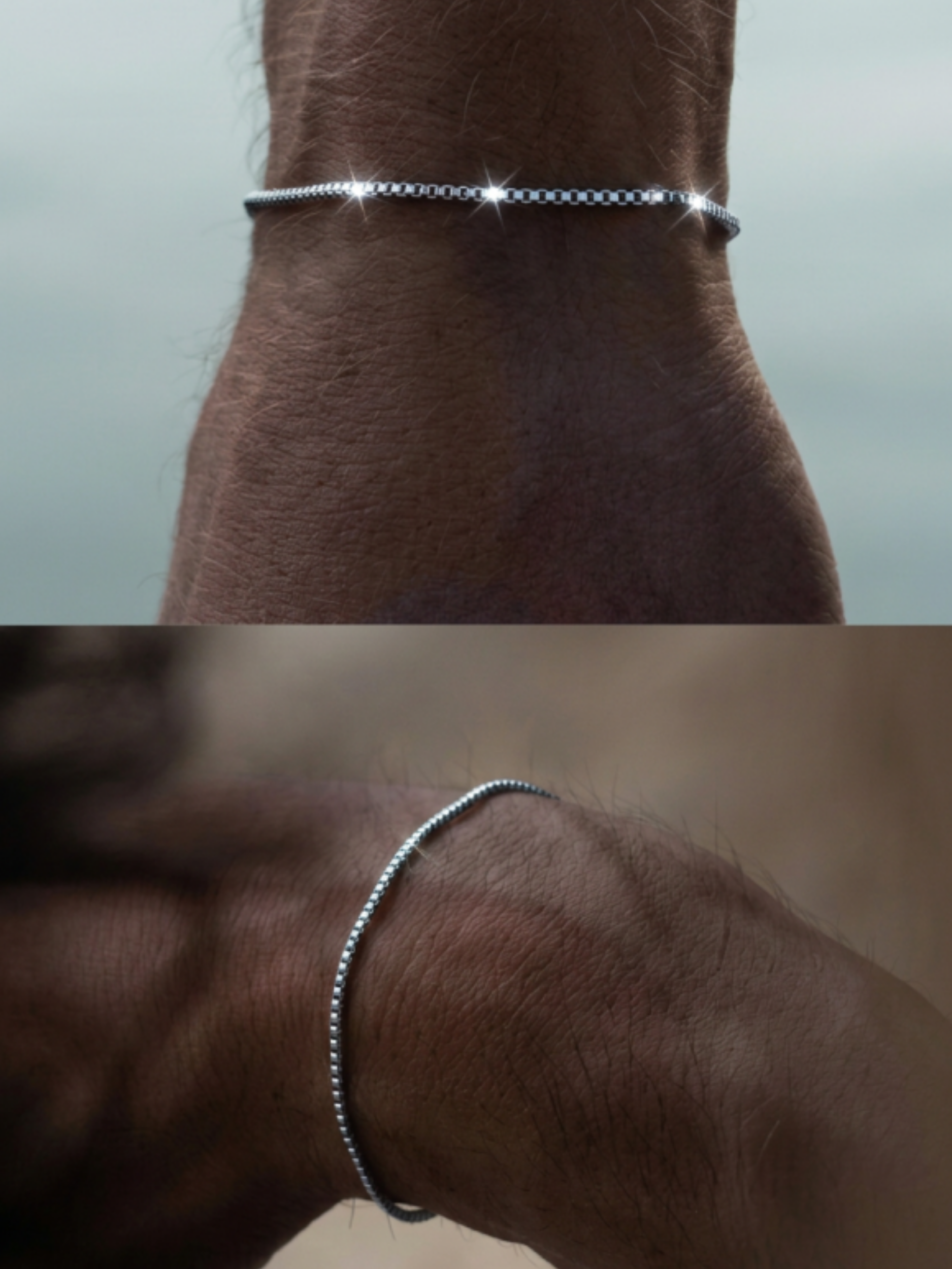 Male model wearing MNML Minimalist Box Chain Bracelet — titanium box chain bracelet for him